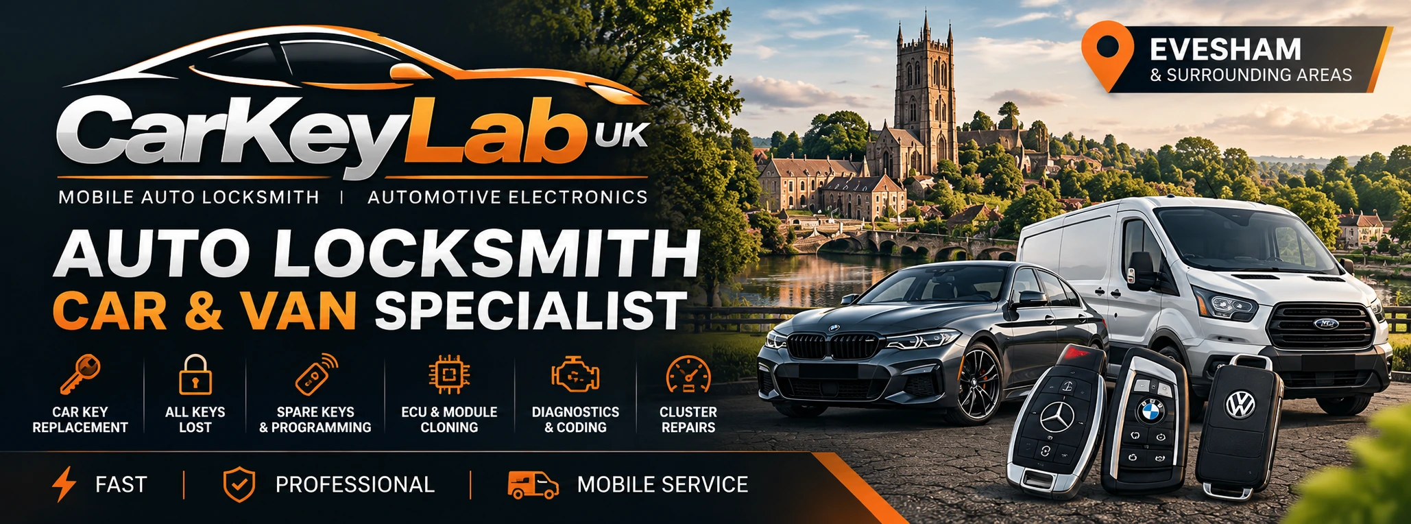 CarKeyLab UK mobile auto locksmith in Evesham, Worcestershire, providing car key replacement and vehicle locksmith services